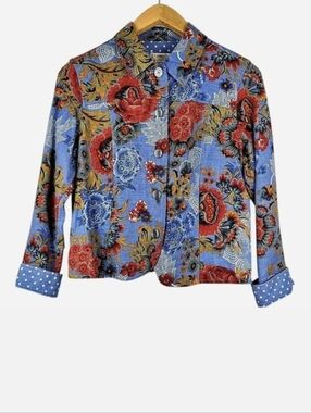 Coldwater Creek Blue Floral Linen Rayon Jacket Polka Dot Lined Size PM
